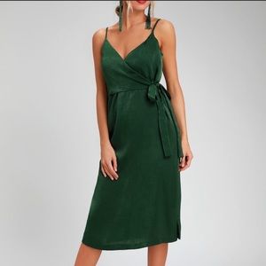 JOA Fall In Love Satin Green Wrap Dress